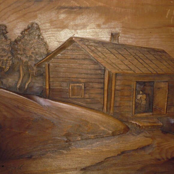 Vintage Wood Hand Carved Plaque Wall Art Picture Cabin Folk Art Decor Relief - Picture 3 of 5